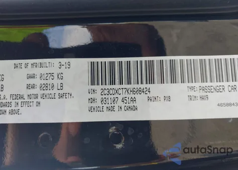 2019 Dodge Charger R/T Rwd z USA, uszkodzony, nr VIN 2C3CDXCT7KH608424